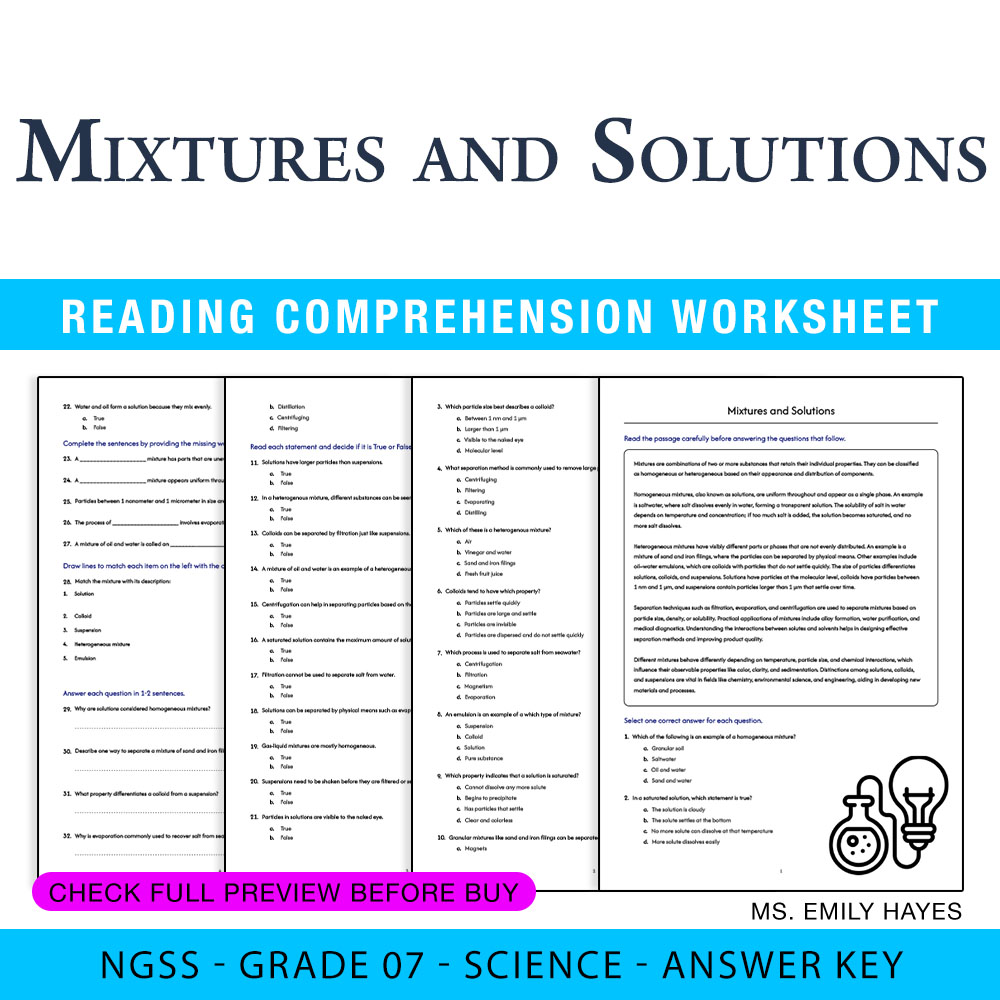 Grade 7 Science worksheet worksheet — 7th Grade Science | Mixtures and Solutions Worksheet (PDF +Answer Key) — page 1