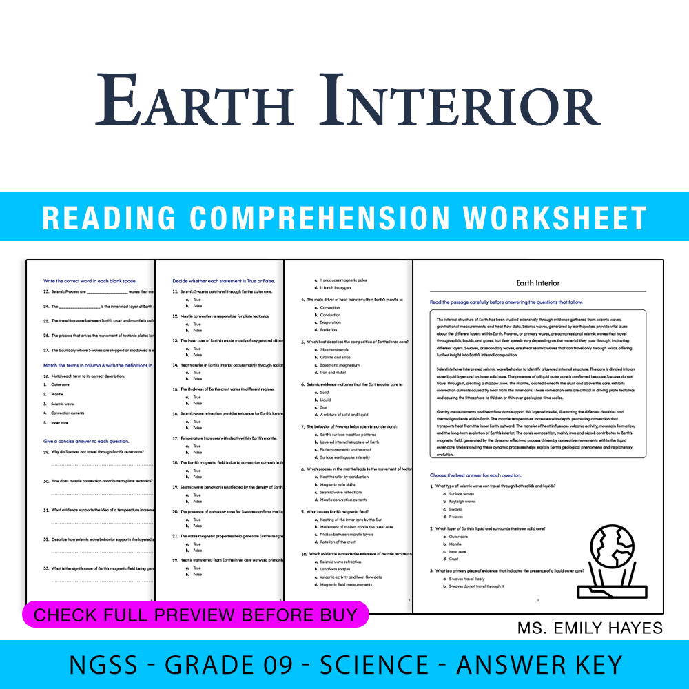 Grade 9 Science worksheet worksheet — 9th Grade Science | Earth Interior Worksheet (PDF+ Answer Key) — page 1