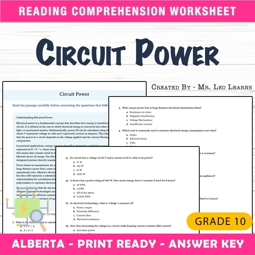 Grade 10 Science worksheet mcq paper worksheet — Grade 10 Science — Worksheet MCQ Paper for Mastering Circuit Power — page 1