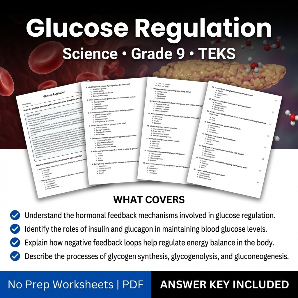 Grade 9 Science Worksheet on Glucose Regulation | TEKS-Aligned Practice