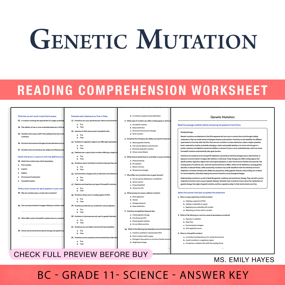 Grade 11 Science worksheet worksheet — 11th Grade Science | Genetic Mutation Worksheet (PDF + Answer Key) — page 1