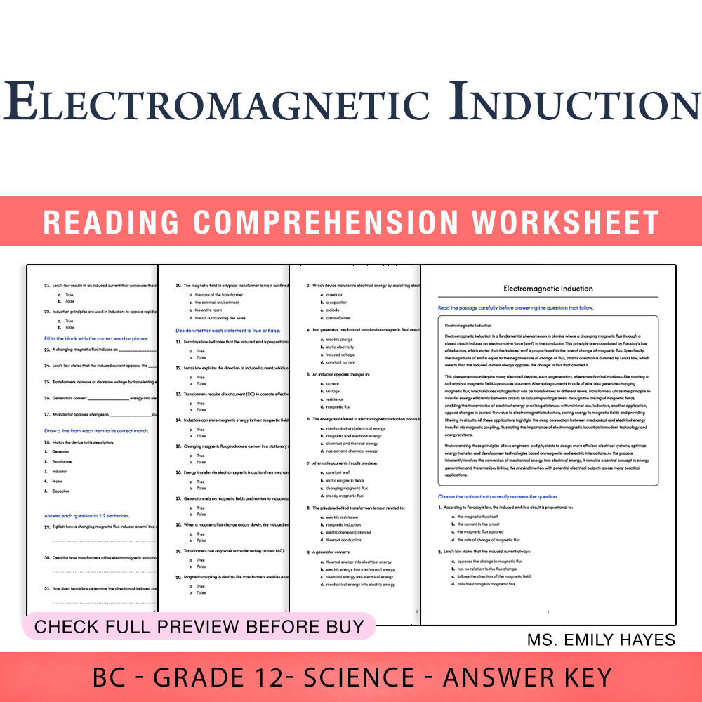 Grade 12 Science worksheet worksheet — 12th Grade Science | Electromagnetic Induction Worksheet (PDF + Answer Key) — page 1
