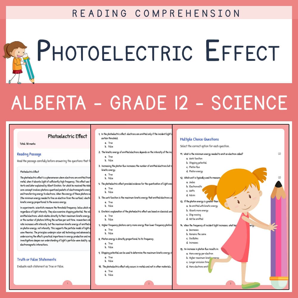 Grade 12 Science worksheet elena worksheet — Grade 12 Science | Photoelectric Effect Worksheet | Alberta Standard — page 1