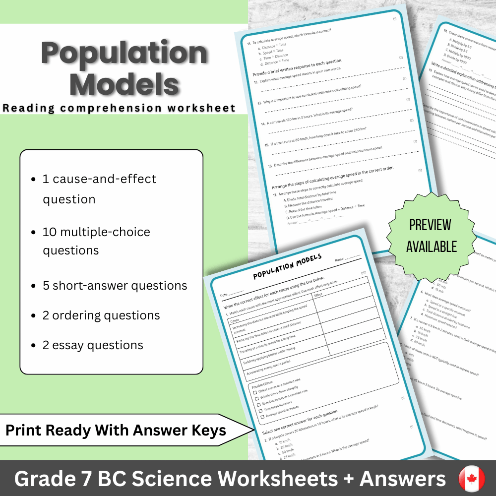 Grade 7 Science | Population Models Worksheet + Answer Key (BC Standards)