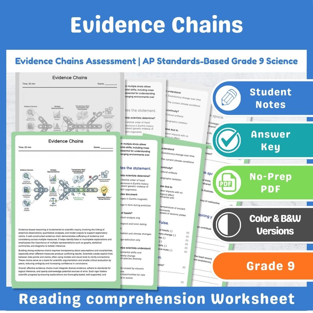 Grade 9 Science assessment worksheet — Evidence Chains Assessment | AP Standards-Based Grade 9 Science — page 1