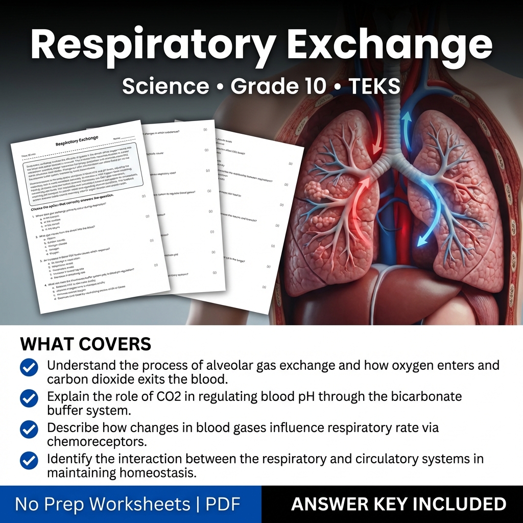 Grade 10 Science Worksheet on Respiratory Exchange | TEKS Aligned