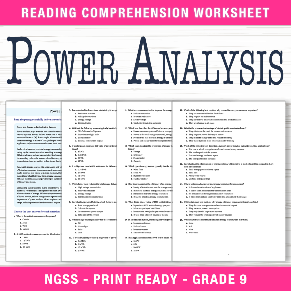 Grade 9 Science worksheet worksheet — Grade 9 Science | Power Analysis Worksheet (PDF + Answer Key) — page 1