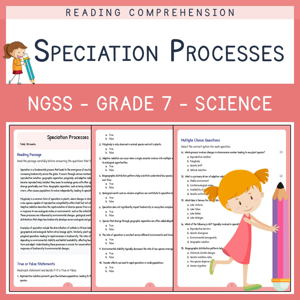 Grade 7 Science worksheet worksheet — Grade 7 Science | Speciation Processes Worksheet (Answer Key) | NGSS Aligned — page 1