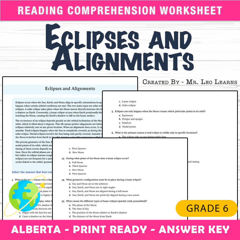 Grade 6 Science worksheet mcq paper worksheet — Grade 6 Science — Eclipses and Alignments Worksheet for Mastery — page 1