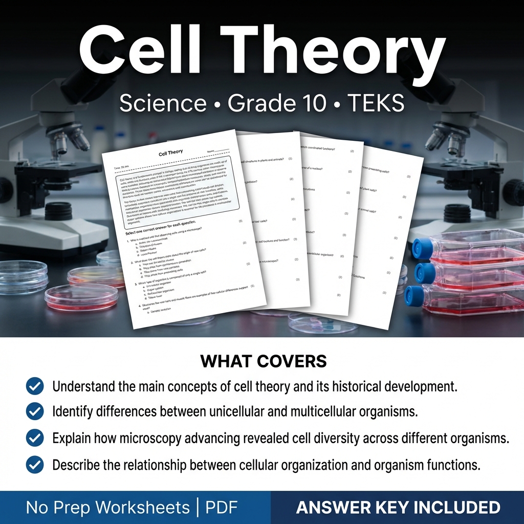 Grade 10 Science Worksheet on Cell Theory | TEKS Aligned Practice