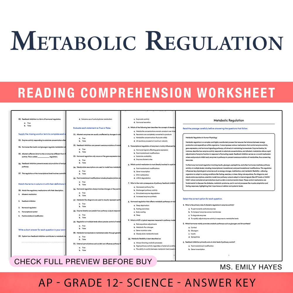 Grade 12 Science worksheet assessment worksheet — 12th Grade Science | Metabolic Regulation Worksheet (PDF+ Answer Key) —…
