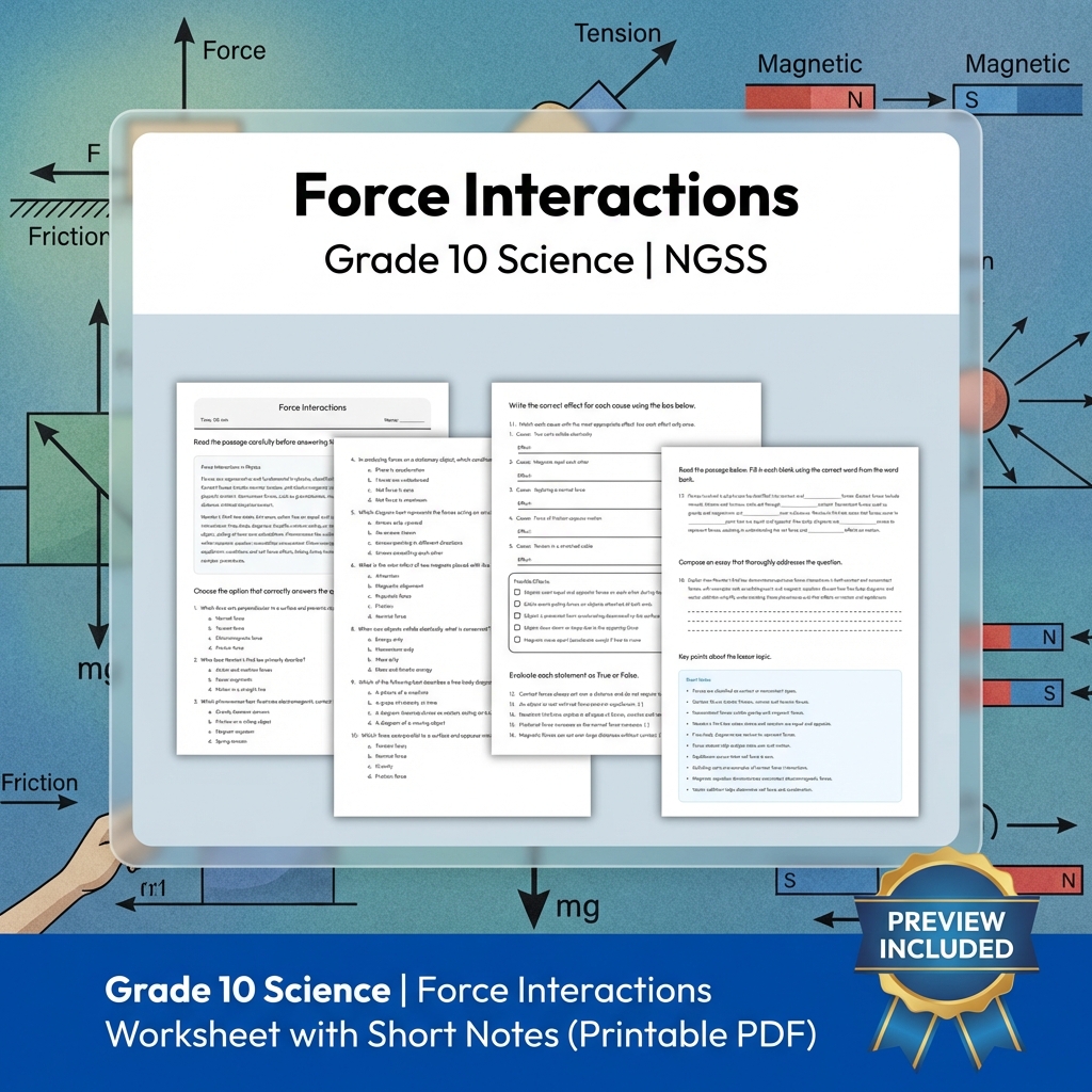 Grade 10 Science NGSS Unit | Motion & Forces Interactions Worksheet Bundle — included worksheet 3