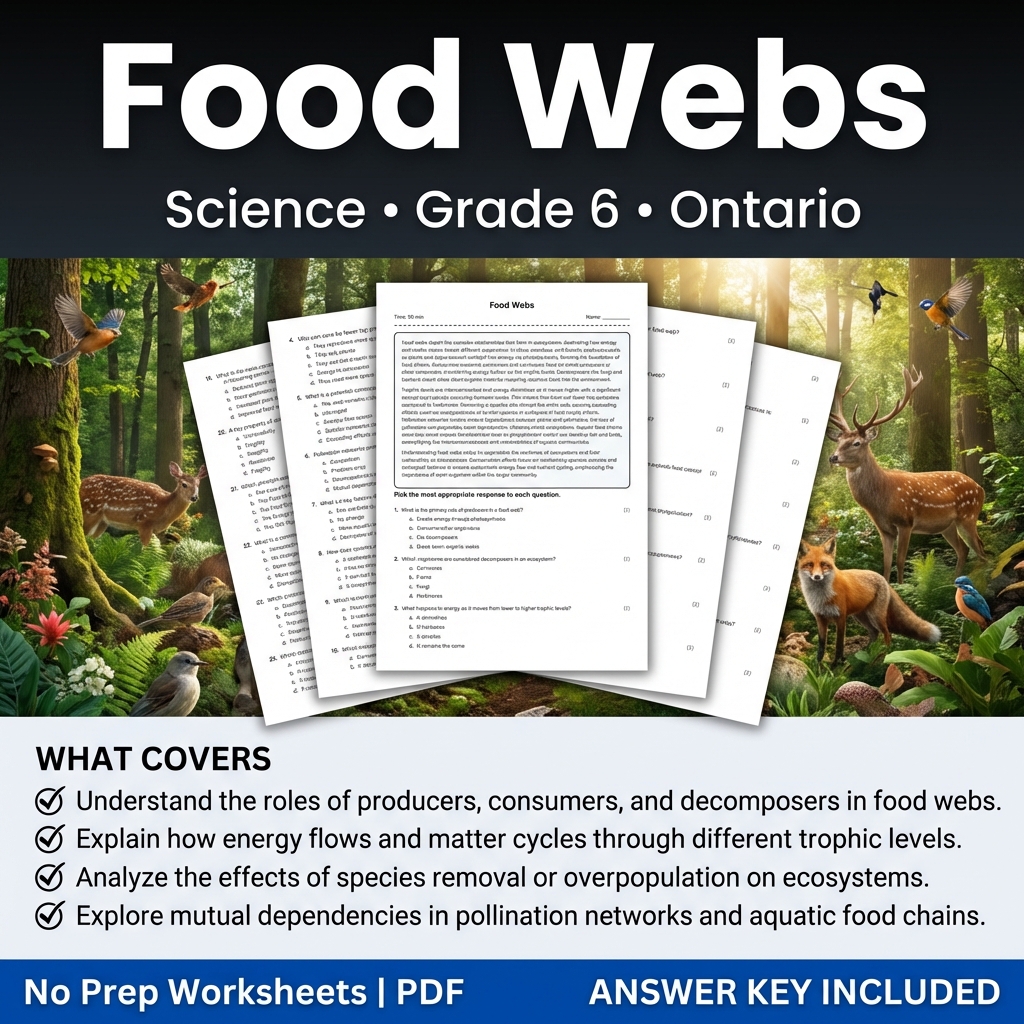 Food Webs Worksheet for Grade 6 Science | Ontario Standards Practice