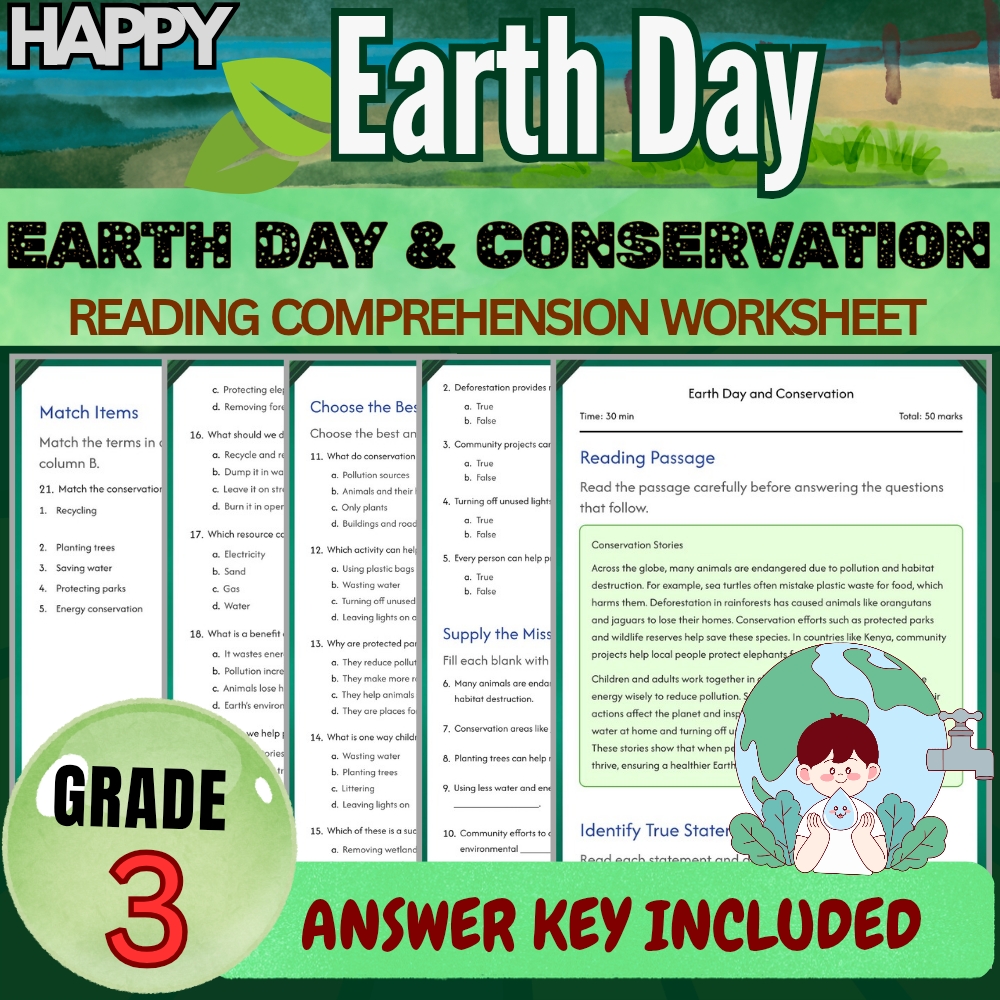 Grade 3 Seasonal Earth Day Worksheets Bundle | Conservation & Recycling Mastery — included worksheet 3