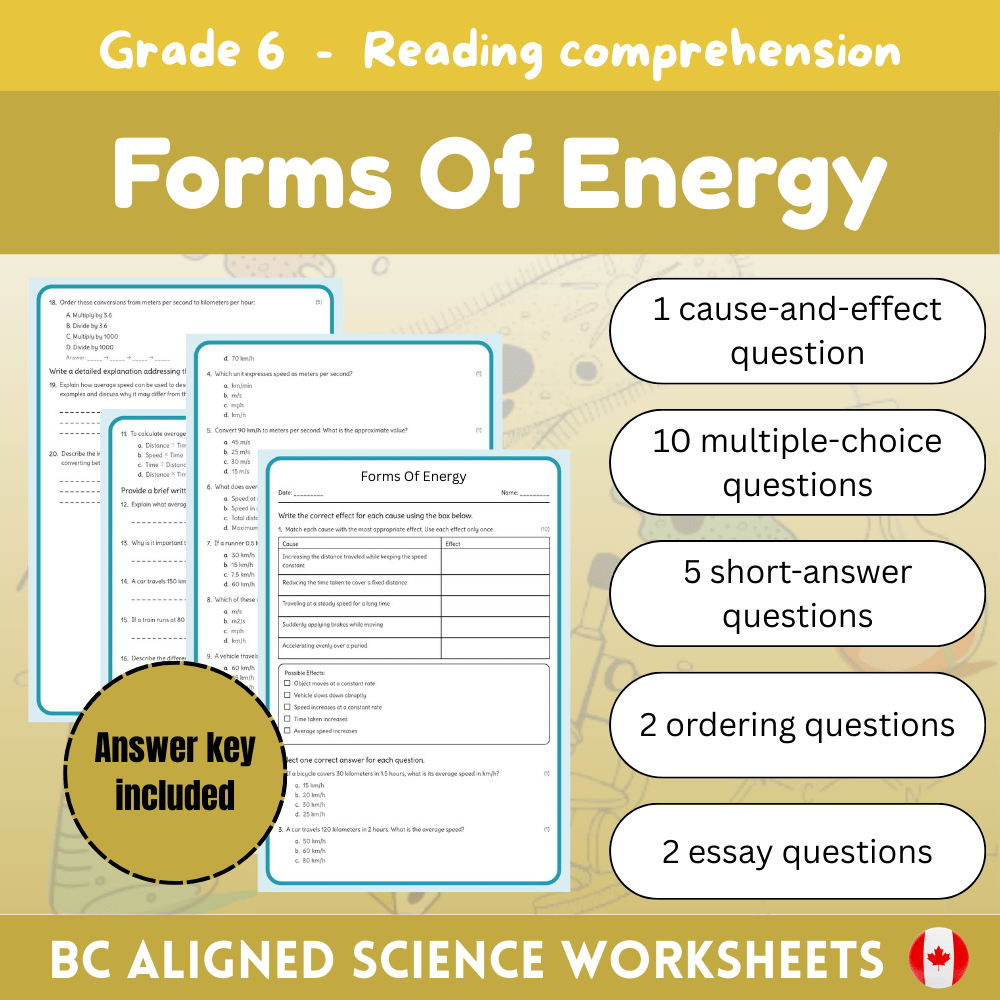 Grade 6 Science | Forms of Energy Worksheet – Standard BC (PDF)
