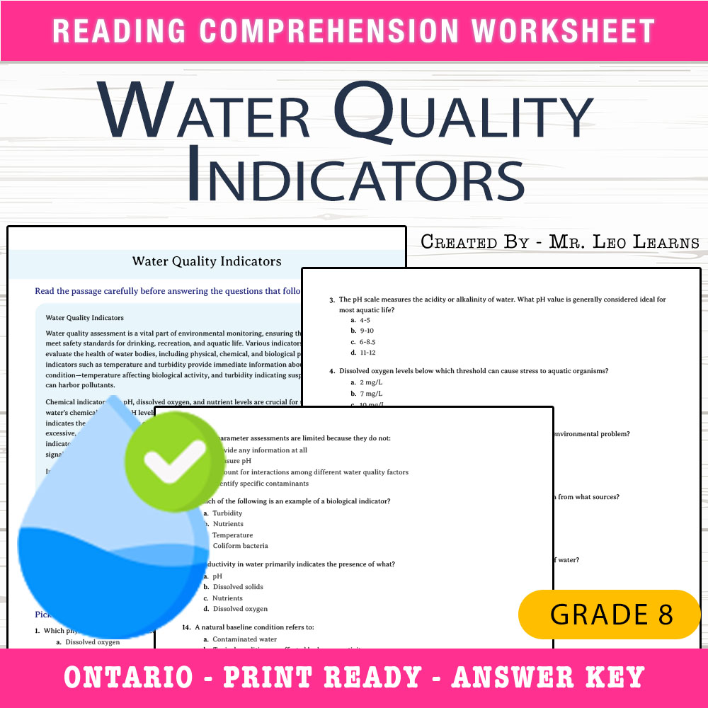 Grade 8 Science worksheet worksheet — Grade 8 Science — Water Quality Indicators Worksheet for Mastery — page 1