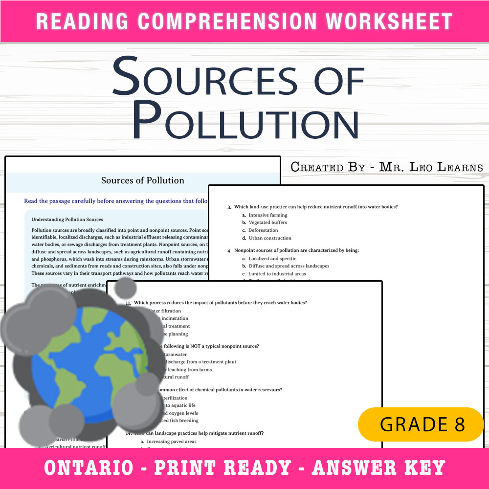 Grade 8 Science worksheet worksheet — Grade 8 Science – Sources of Pollution Worksheet for Mastery — page 1