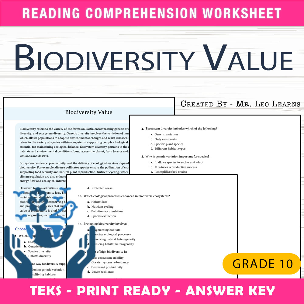 Grade 10 Science worksheet worksheet — Grade 10 Science – Biodiversity Value Worksheet for Mastery — page 1