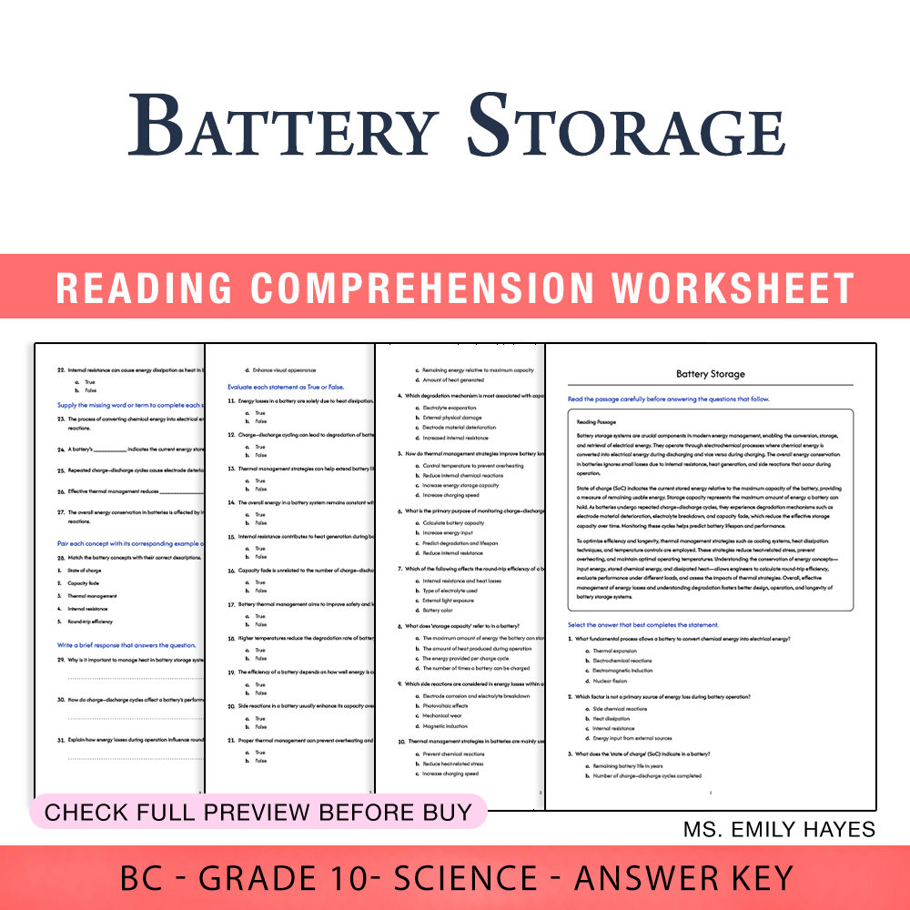 Grade 10 Science worksheet worksheet — Grade 10 Science | Battery Storage Worksheet (PDF + Answer Key) — page 1