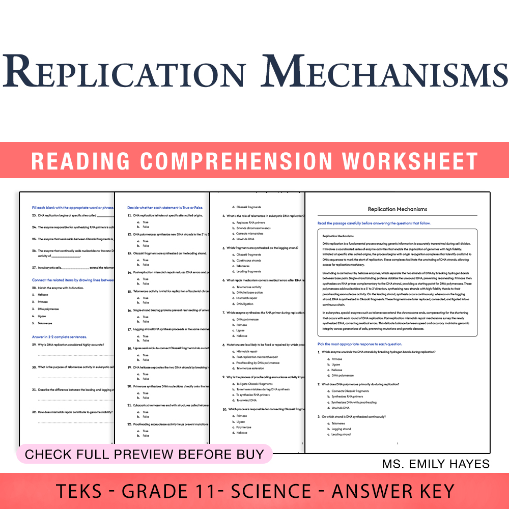 Grade 11 Science worksheet worksheet — 11th Grade Science | Replication Mechanisms Worksheet (PDF+ Answer Key) — page 1