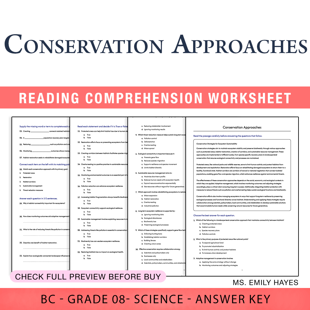 Grade 8 Science worksheet worksheet — Grade 8 Science | Conservation Approaches Worksheet (PDF+ Answer Key) — page 1