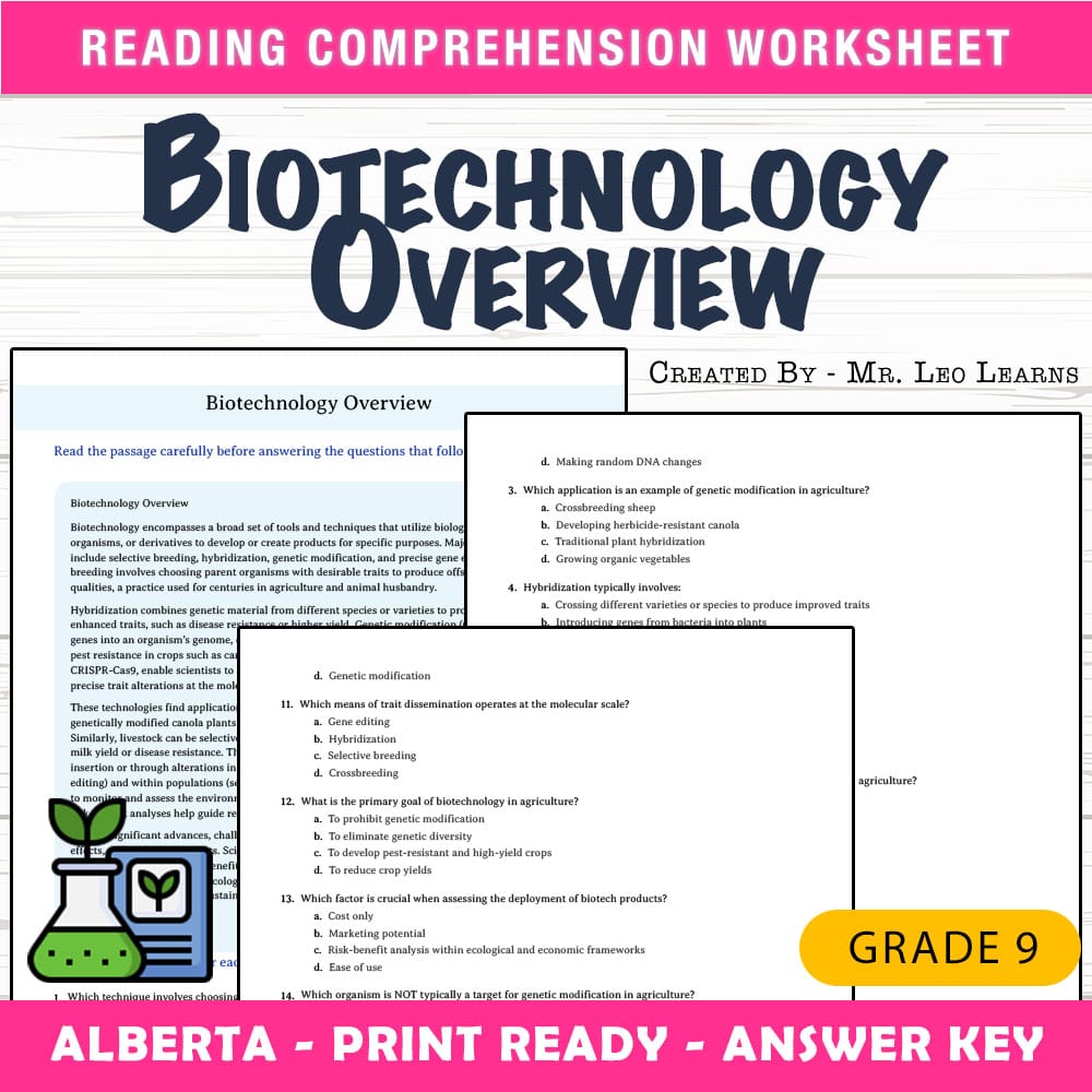 Grade 9 Science worksheet mcq paper worksheet — Grade 9 Science — Worksheet MCQ Paper for Mastering Biotechnology — page 1