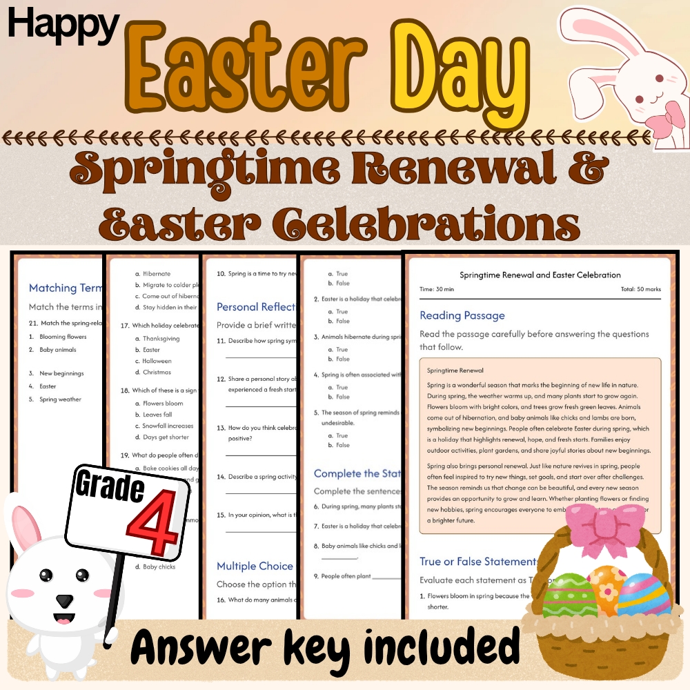 Grade 4 Seasonal Holidays Bundle | Easter & Spring Worksheets (PDF + Answer Key) — included worksheet 1