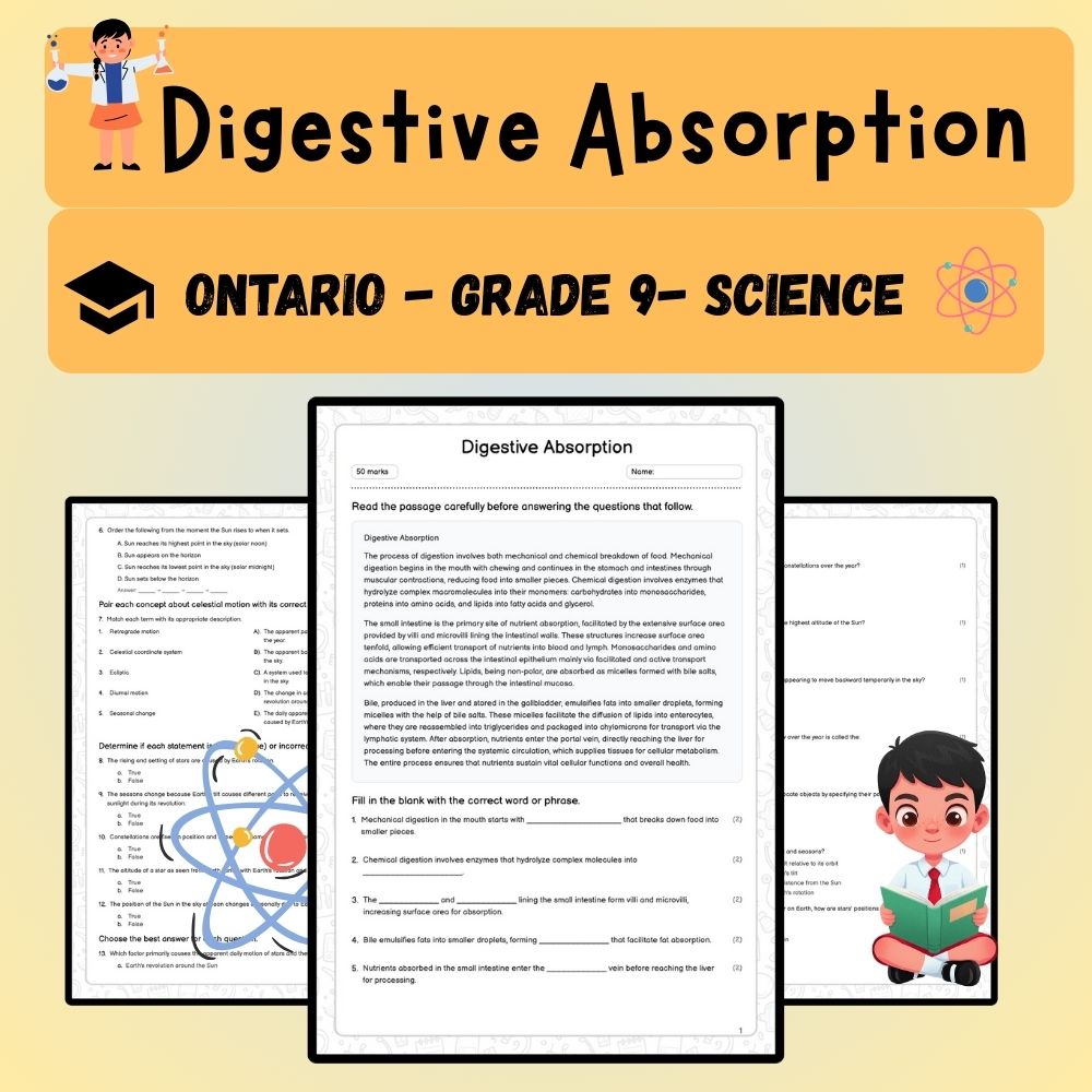Grade 9 Science worksheet worksheet — Grade 9 Science Worksheet | Digestive Absorption & Nutrient Transport (PDF) — page 1
