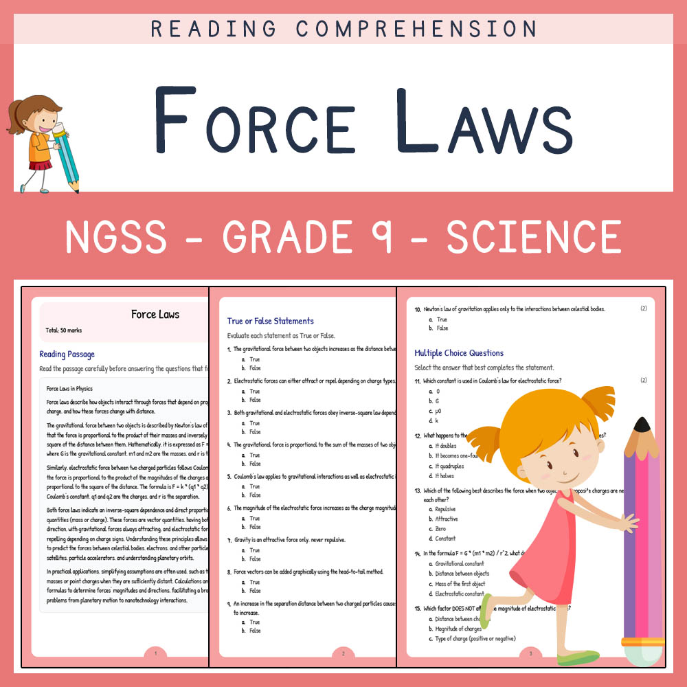 Grade 9 Science worksheet worksheet — Grade 9 Science | Force Laws Worksheet with Answer Key for NGSS Alignment — page 1