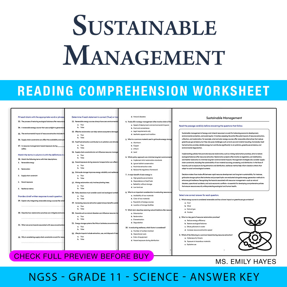 Grade 11 Science worksheet worksheet — 11th Grade Science | Sustainable Management Worksheet (PDF+ Answer Key) — page 1