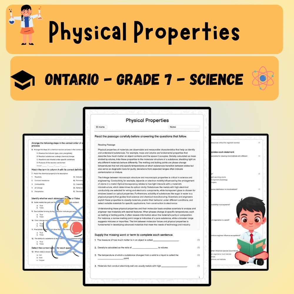 Grade 7 Science worksheet worksheet — Grade 7 Science | Physical Properties Worksheet (PDF) – Ontario Standards — page 1
