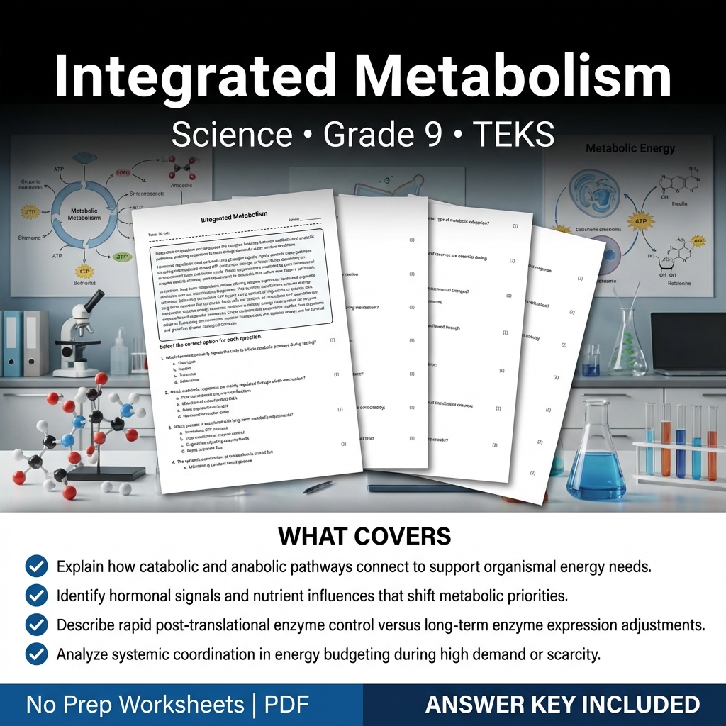Grade 9 Science Worksheet on Integrated Metabolism | TEKS Standards