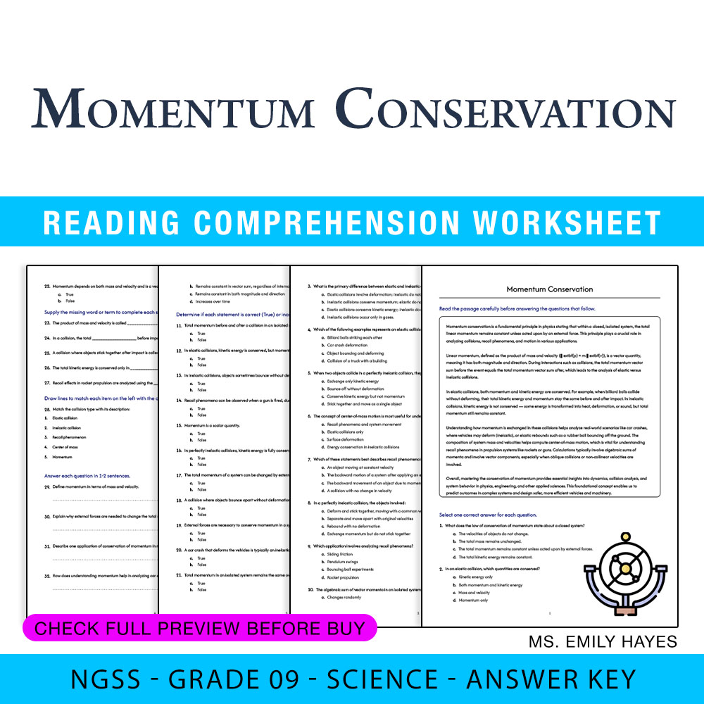 Grade 9 Science worksheet worksheet — Grade 9 Science | Momentum Conservation Worksheet (PDF+ Answer Key) — page 1