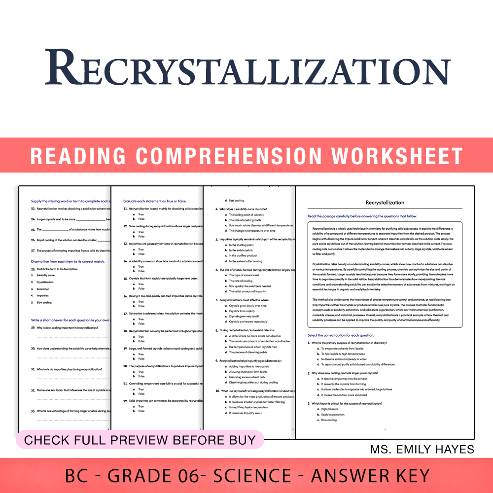 Grade 6 Science worksheet worksheet — 6th Grade Science | Recrystallization Worksheet (PDF+ Answer Key) — page 1