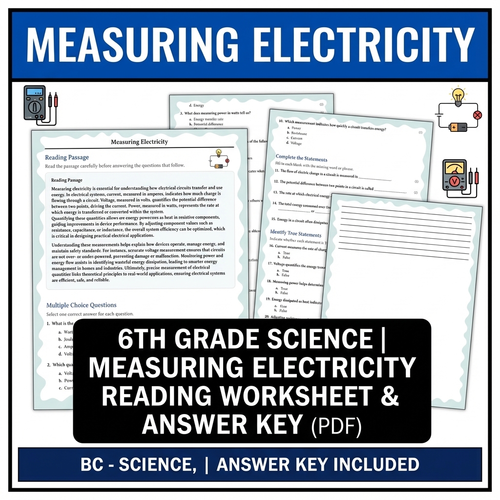 6th Grade Science | Measuring Electricity Reading Worksheet & Answer Key (PDF)
