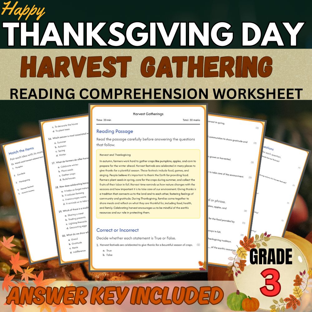 Grade 3 | Happy Thanksgiving Worksheet for Harvest Gatherings | PDF + Answer Key