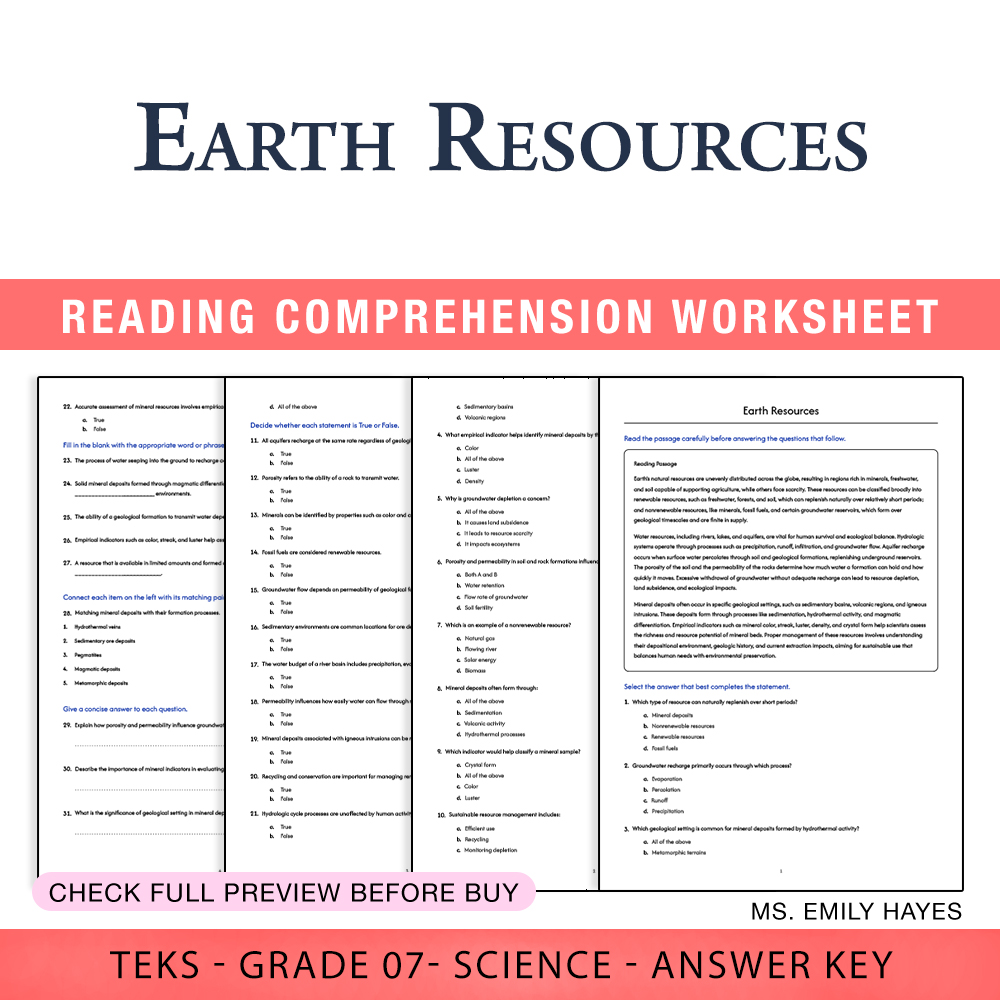 Grade 7 Science worksheet worksheet — 7th Grade Science | Earth Resources Worksheet (PDF+ Answer Key) — page 1