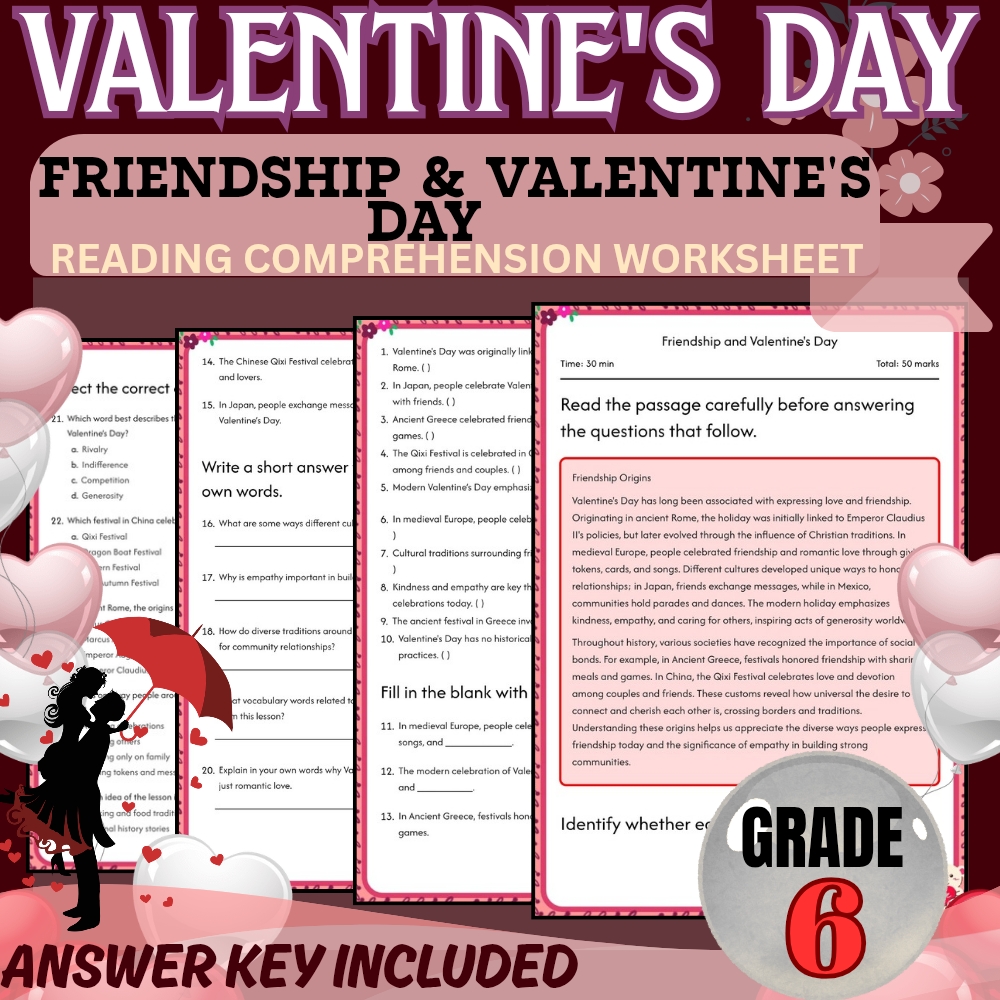 Grade 6 Holiday Valentine Day Worksheet for Mastering Friendship|PDF+Answer Key