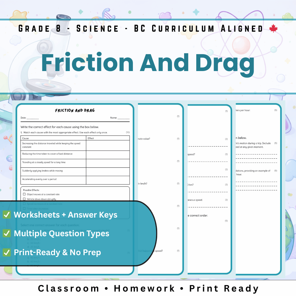 Grade 8 Science science 1 worksheet — Grade 8 Science | Friction & Drag Concepts Worksheet (Worksheet + Answer Key)