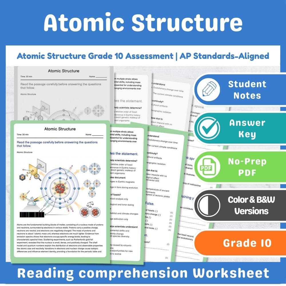 Grade 10 Science assessment worksheet — Atomic Structure Grade 10 Assessment | AP Standards-Aligned — page 1