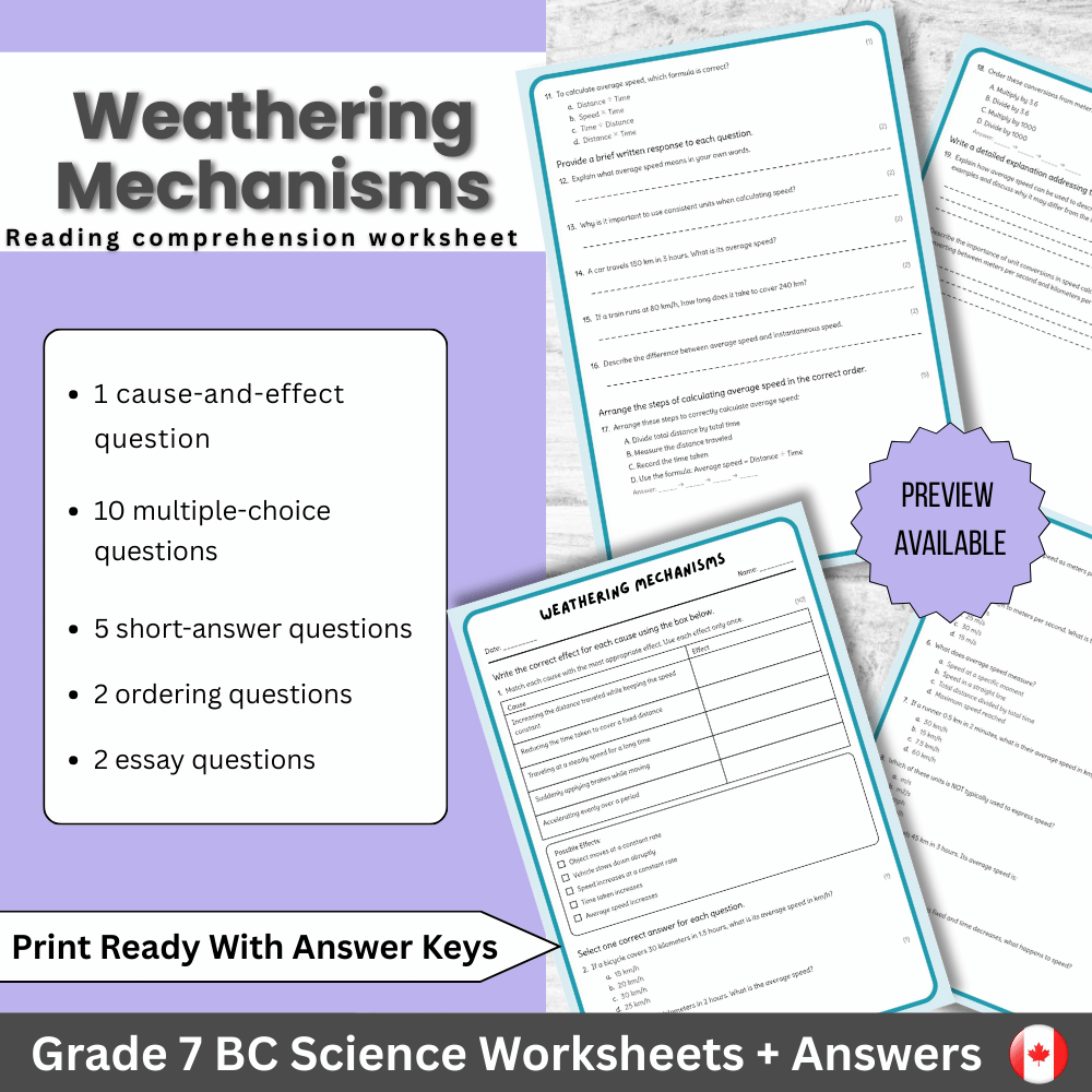 Grade 7 Science – Weathering Mechanisms Worksheet (PDF) | BC Standards