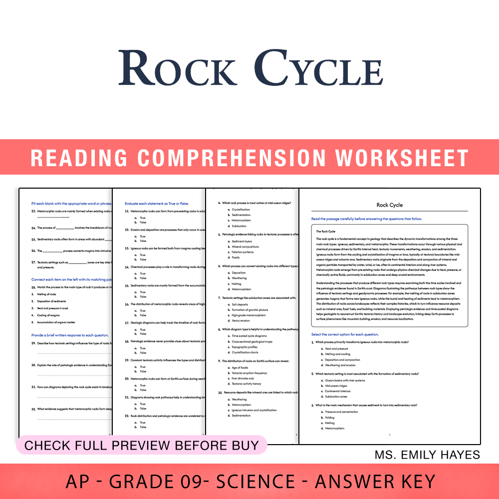 Grade 9 Science worksheet worksheet — Grade 9 Science | Rock Cycle Worksheet (PDF+ Answer Key) — page 1