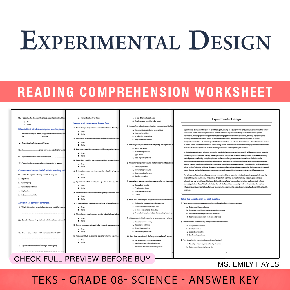 Grade 8 Science worksheet worksheet — 8th Grade Science | Experimental Design Worksheet (PDF+ Answer Key) — page 1