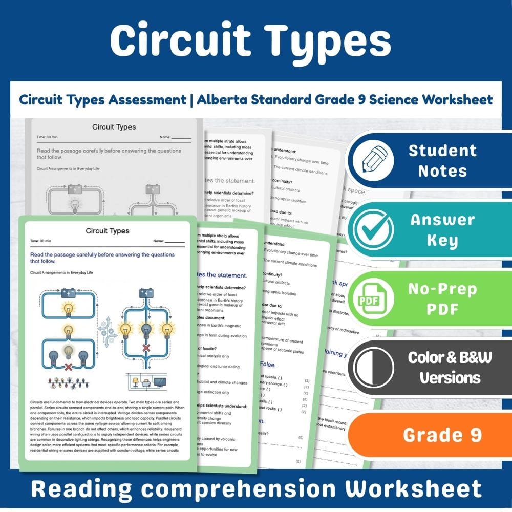 Grade 9 Science assessment worksheet — Circuit Types Assessment | Alberta Standard Grade 9 Science Worksheet — page 1