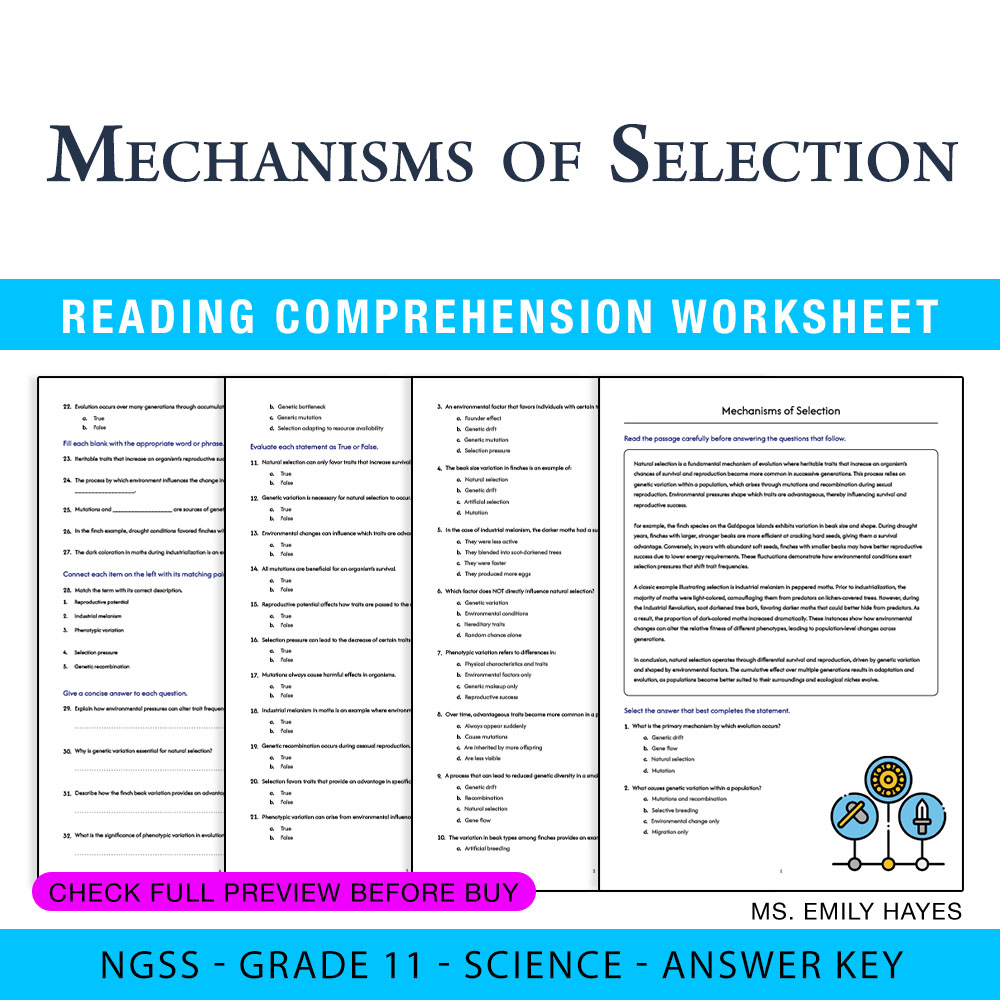 Grade 11 Science worksheet worksheet — Grade 11 Science | Mechanisms of Selection Worksheet (PDF+ Answer Key) — page 1