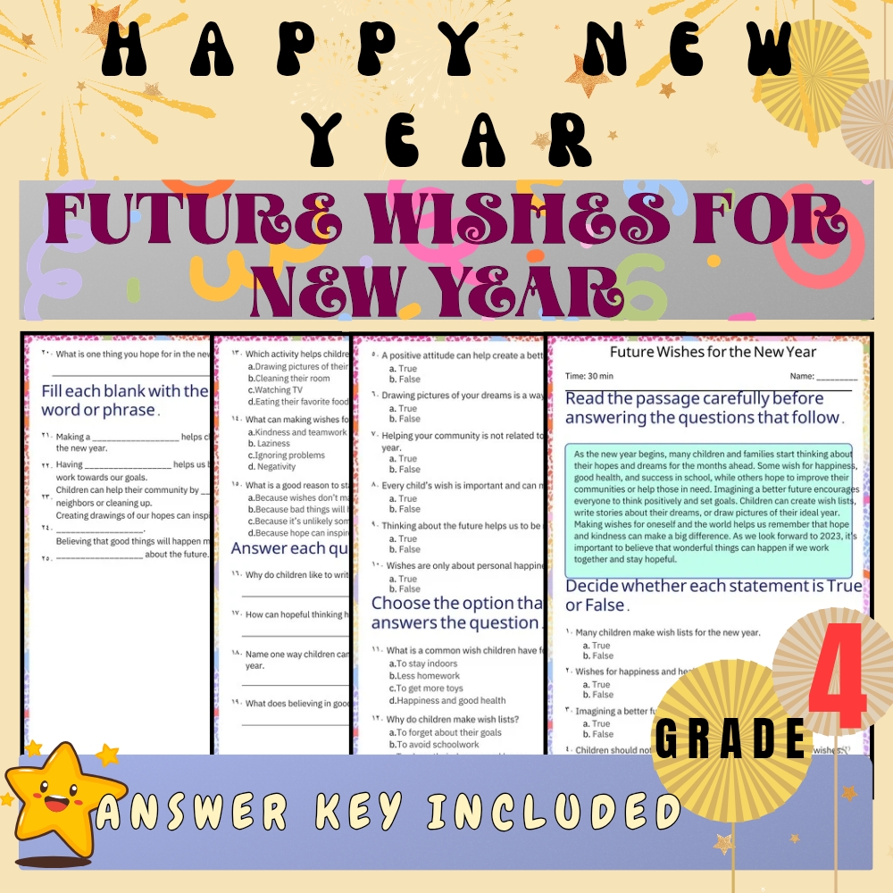 Grade 4 Seasonal Unit | New Year Wishes, Resolutions & Traditions Worksheets — included worksheet 2
