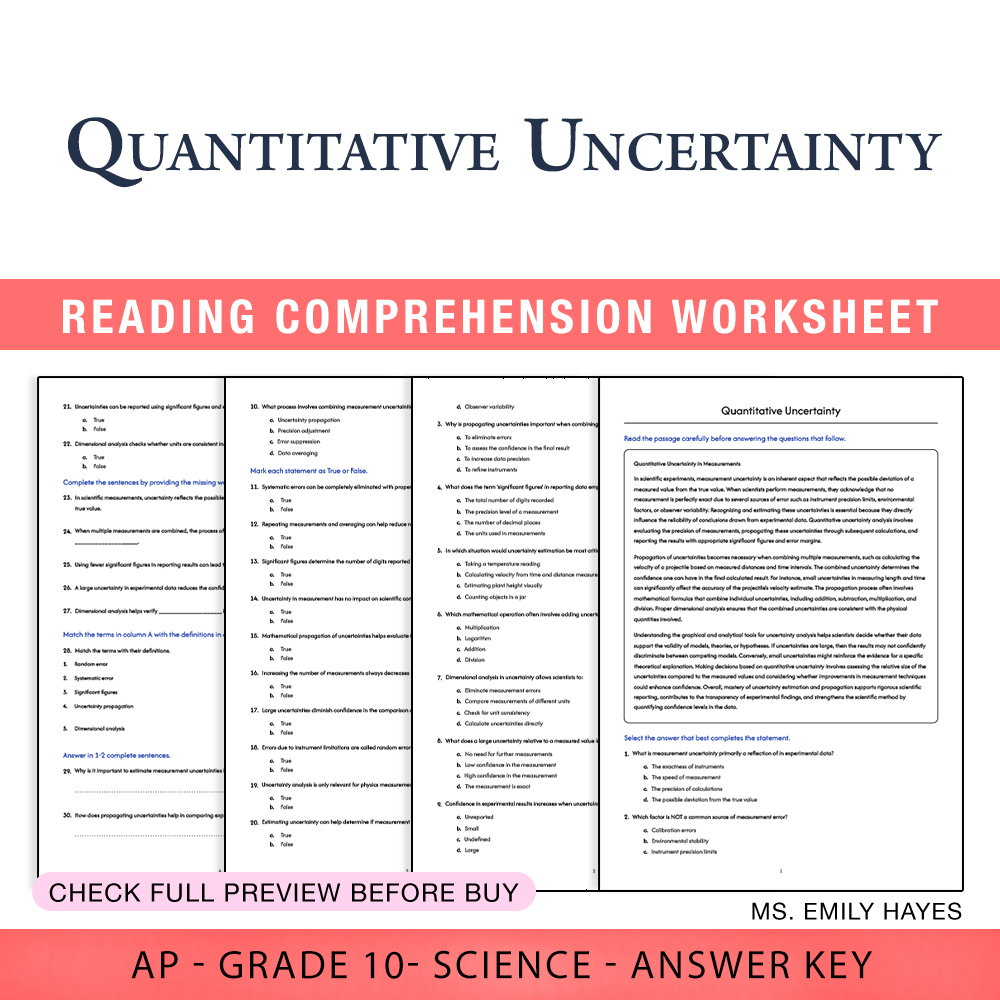 Grade 10 Science worksheet worksheet — 10th Grade Science | Quantitative Uncertainty Worksheet (PDF+ Answer Key) — page 1
