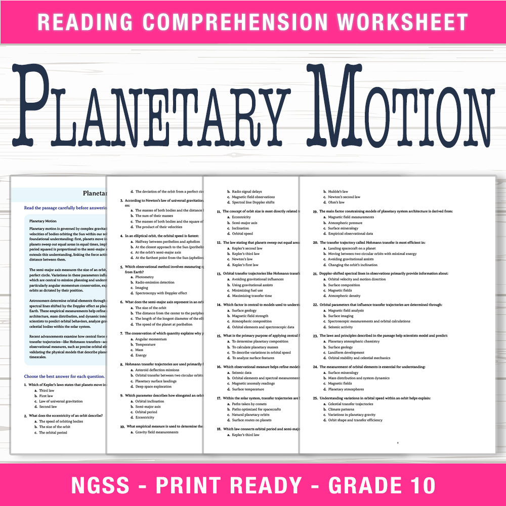 Grade 10 Science worksheet worksheet — Grade 10 Science | Planetary Motion Worksheet (PDF + Answer Key) — page 1