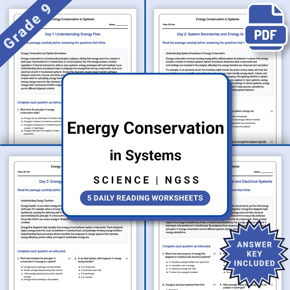 Grade 9 Science daily reading worksheet worksheet — Grade 9 Science – Energy Conservation in Systems Worksheet(PDF + Answe…