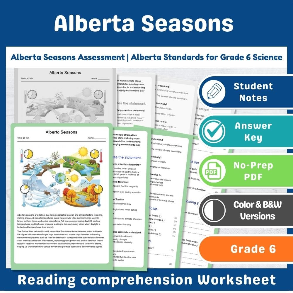 Grade 6 Science assessment worksheet — Alberta Seasons Assessment | Alberta Standards for Grade 6 Science — page 1